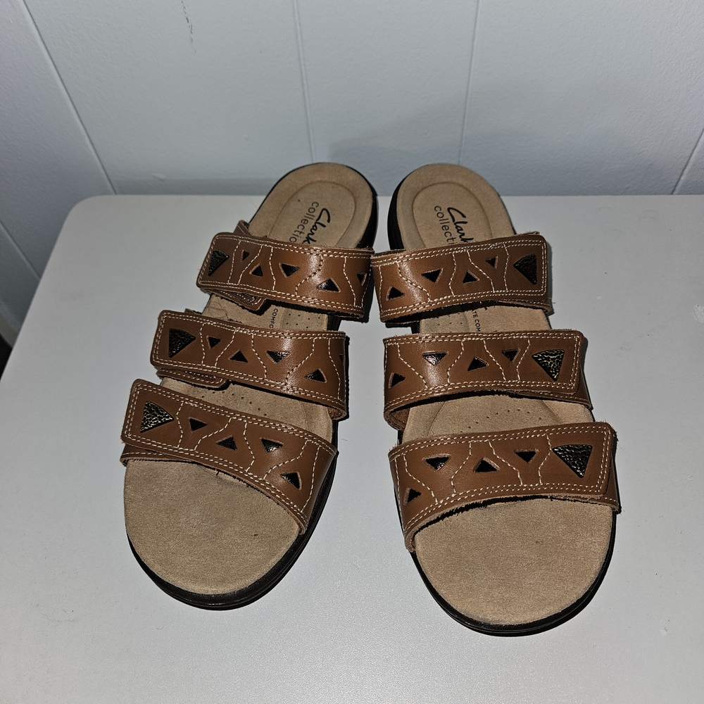 Clarks Brown Leather Sandals with Geometric Cutouts